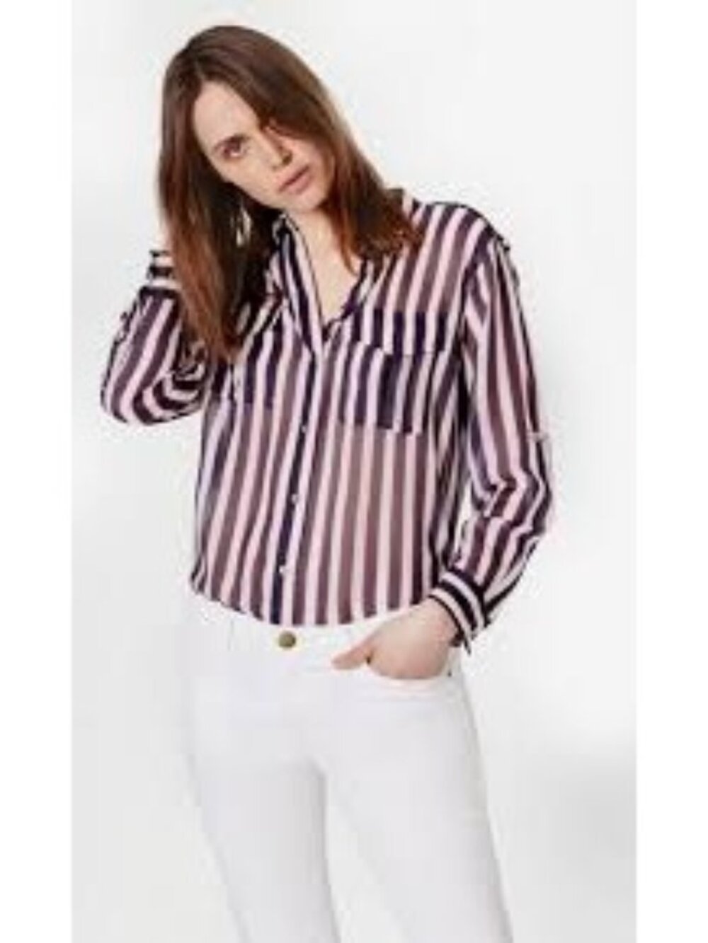 Equipment Semi-Sheer Striped Silk Blouse, Size Small